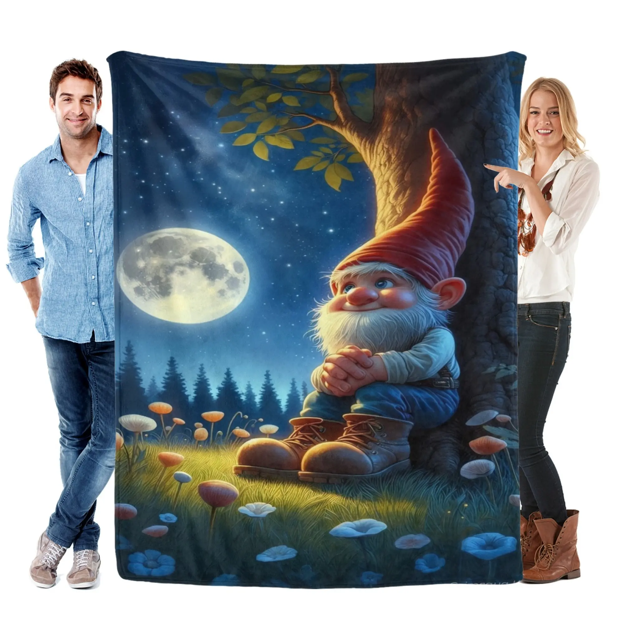 Moonlight Gnome Flannel Throw Blanket, Cute Forest Gnome Under Full Moon Fantasy Print, Soft Cozy Warm Fleece Blanket for Sofa Couch Bed, Cottagecore Bedroom Decor and Unique Gift for Gnome Lovers