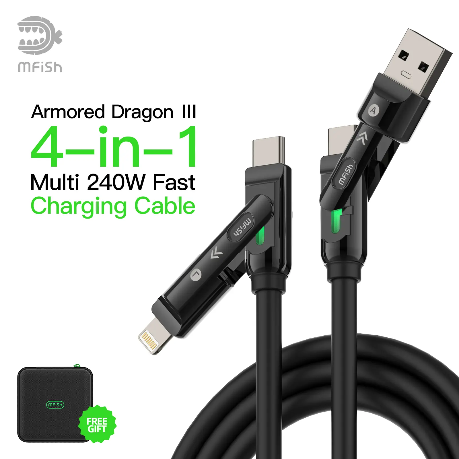 mfish Armored Dragon 3 4-in-1 Alloy Charging Cable - 240W Fast Charger Cable, 6.6ft Liquid Silicone, Soft Grip, Case-Friendly, USB-C/Lightning, Smart LED Breathing Light, High-Power Multi-Device Charging Solution for Phones, Laptops