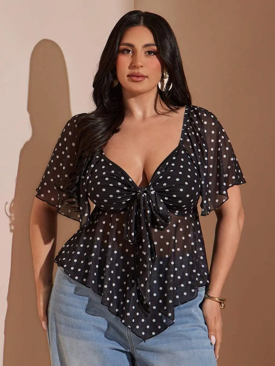 XLAIS Plus Size Women Black Polka Dot Tie Front Blouse,Black And White,Summer,1920s Flapper,70's,Elegant,Party French Square Neck Lace Ruffle Sleeve Top