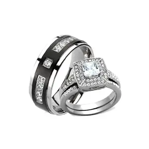 Wedding Ring His and Hers Set Cz Halo and Black Titanium Wedding Engagement Ring Set Cubic Zirconia