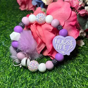 Nurse life Wristlet Keychain color scheme white, lavender, purple and bling beads made with wire