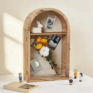 OUTGOODS Wood Shadow Box Display Frame with Acrylic Front, Vintage Arch Shadow Box Memory Display Case for Photos, Medals and Keepsakes, Wall Mount or Tabletop, Natural Wood