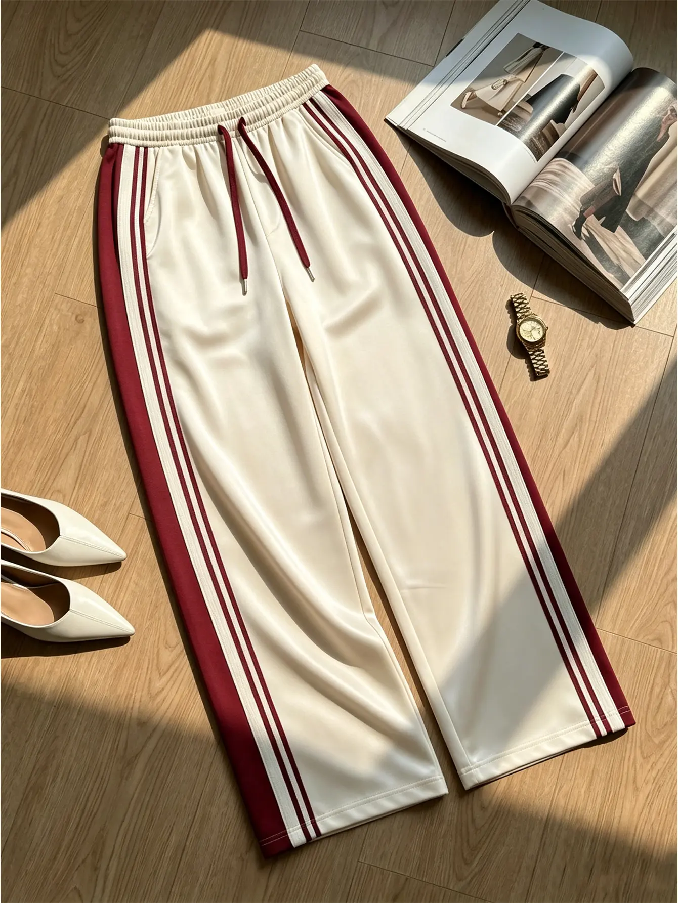 Women's 2-Piece Lightweight Burgundy American Vintage Side-Striped High-Waisted Drawstring Baggy Sweatpants - Chic Retro Preppy Gray Drapey Wide-Leg Athletic Pants for Gym, Streetwear