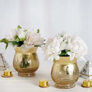 2-Pack Glass Hurricane Vases Bell Shaped 6" Gold Curvy Design - Crackle Finish Tealight Centerpieces