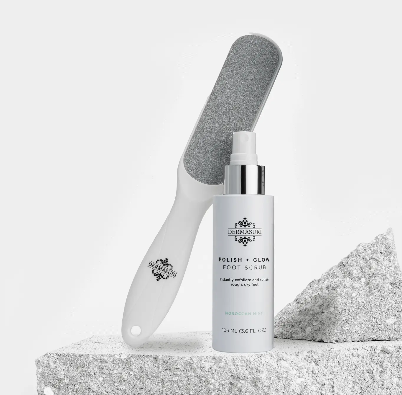 Dermasuri Polish + Glow Deep Exfoliating Foot Scrub & Callus Remover Set - 4 fl oz Spray & 8" Stainless Steel File for Sandal-Ready Pedicure