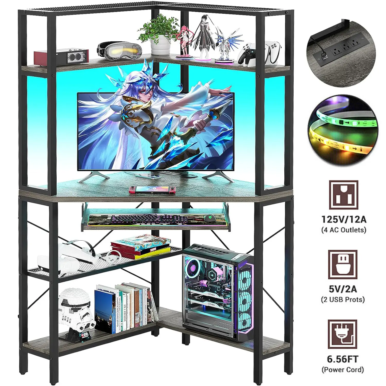 Cyclysio Corner Desk with Hutch, Triangle Corner Computer Desk with LED Light & Power Outlets ＆ Keyboard Tray,Triangel Desk for Small Space, Home Office, Workstation