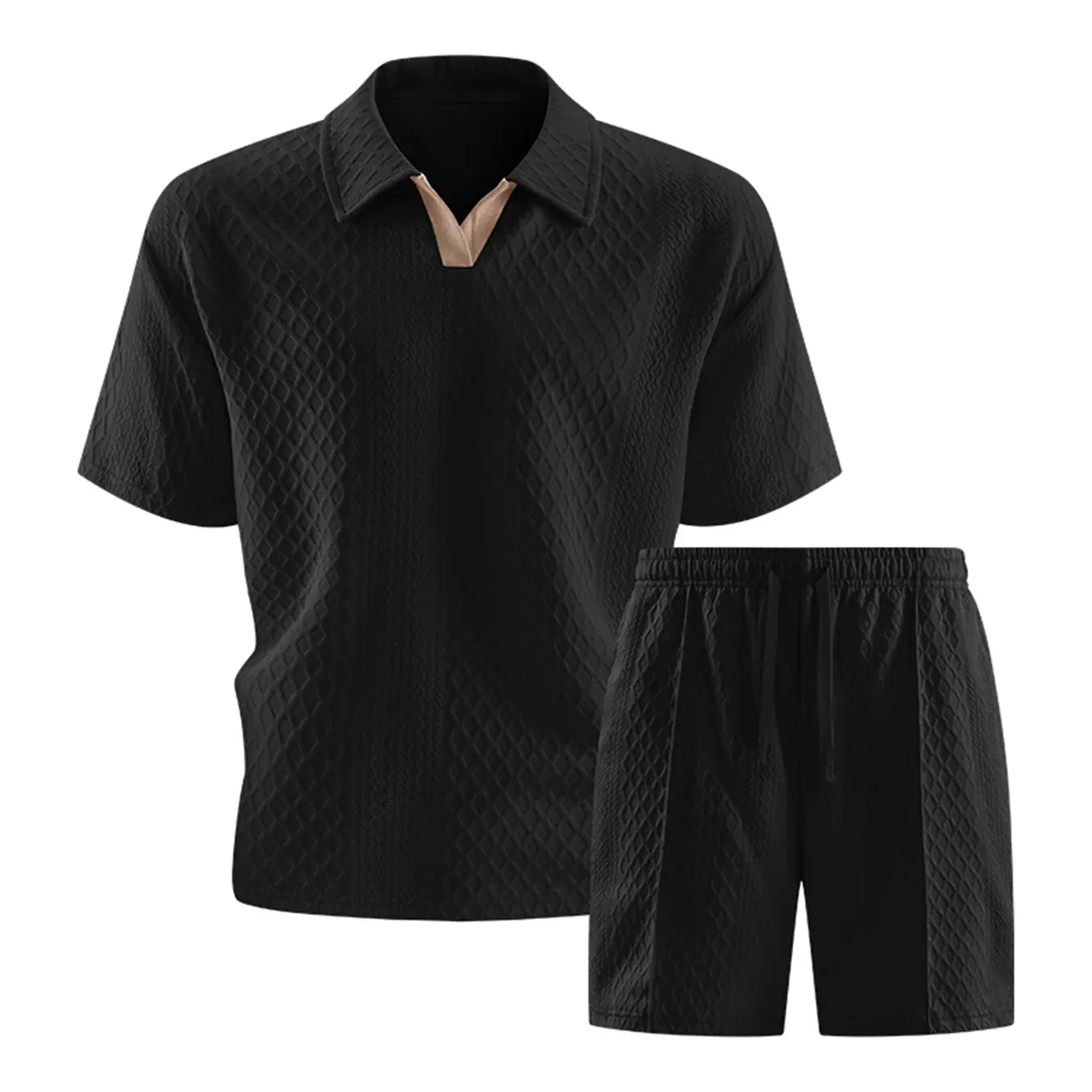 Menswear 2-Piece Textured Knit Polo Shirt & Elastic Waist Shorts Co-ord Set for Summer, Vacation