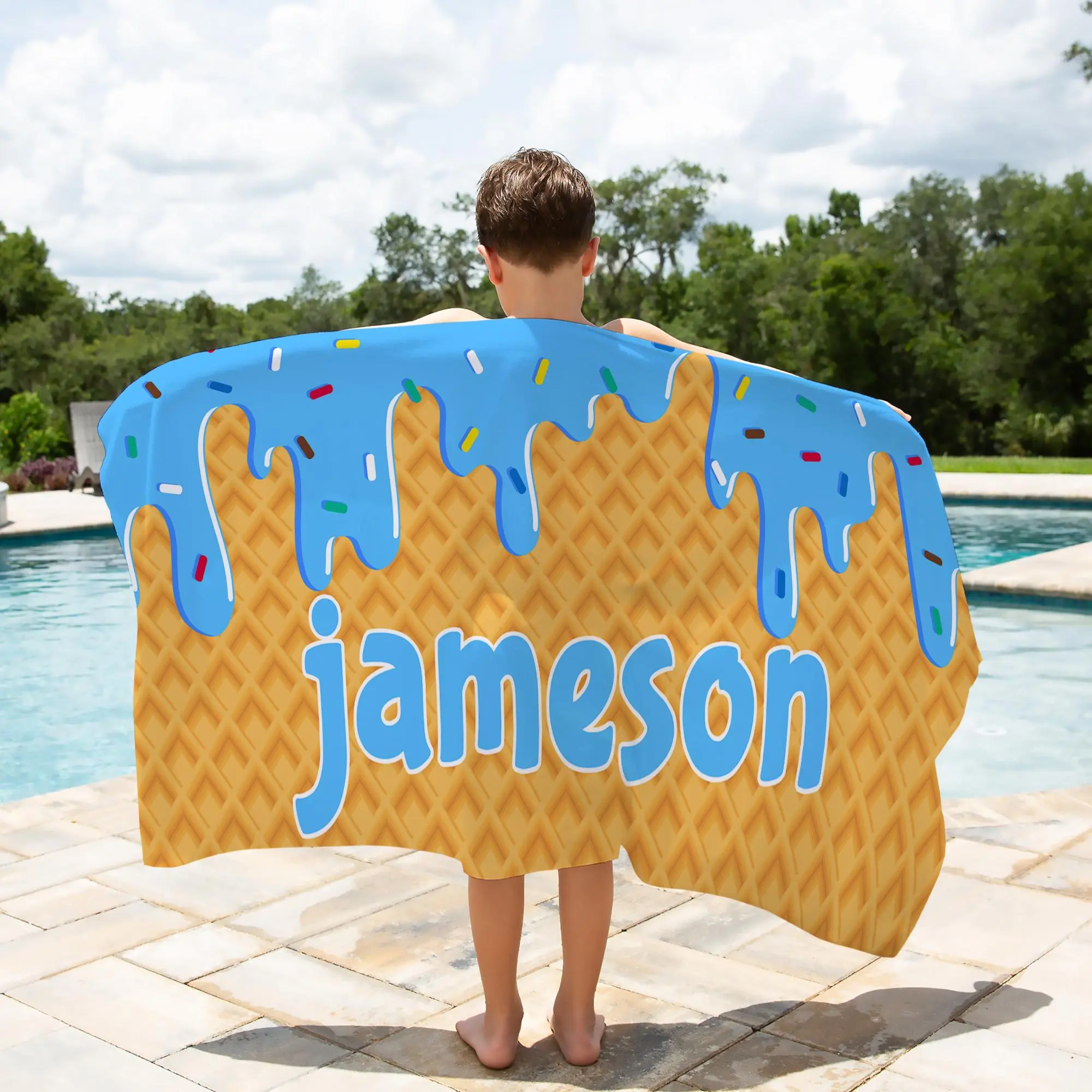Personalized Ice Cream Drip Beach Towel full size 30x60in. | Custom Beach towels for boys and girls with an Ice Ceram Drip print. | Great Gift for boys and girls Colorful Mama Beachtowel Microfiber