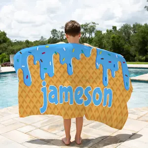Personalized Ice Cream Drip Beach Towel full size 30x60in. | Custom Beach towels for boys and girls with an Ice Ceram Drip print. | Great Gift for boys and girls Colorful Mama Beachtowel Microfiber