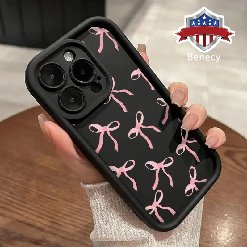 Pink Bowknot Pattern Phone Case for iPhone 17 Pro Max 16 16e 15 14 Plus 13 12 11 Air XR X XS Shockproof Drop Protection Rugged Durable Silicone Cover Protective Casing