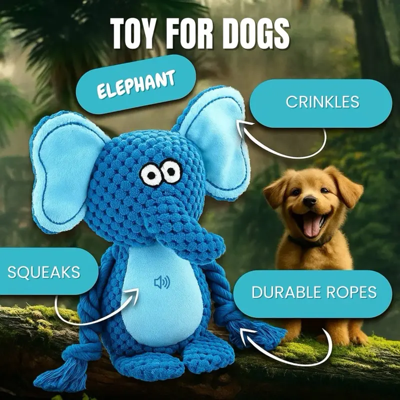 Squeaky Elephant Dog Toy Plush Crinkle Durable Ropes Interactive Fun for Puppies