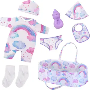 DEARBEI 8 Pcs Baby Doll Clothes & Accessories Set with Bassinet - Rainbow Cloud Pattern Outfit for 17-22 Inch Reborn Newborn Dolls (Including Romper, Hat, Diaper, Bib, Socks, Bottle) - Pretend Play Toy Gift for Kids