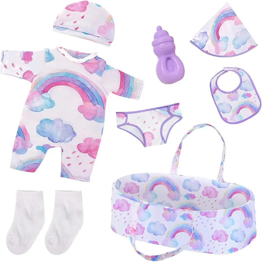 DEARBEI 8-Pc Unisex Rainbow Cloud Pattern Dress-Up Doll Clothes & Accessories Set with Bassinet - Fits 17-22 inch Reborn Newborn Dolls (Romper, Hat, Diaper, Bib, Socks, Bottle) - Kids' Pretend Play Toy Gift