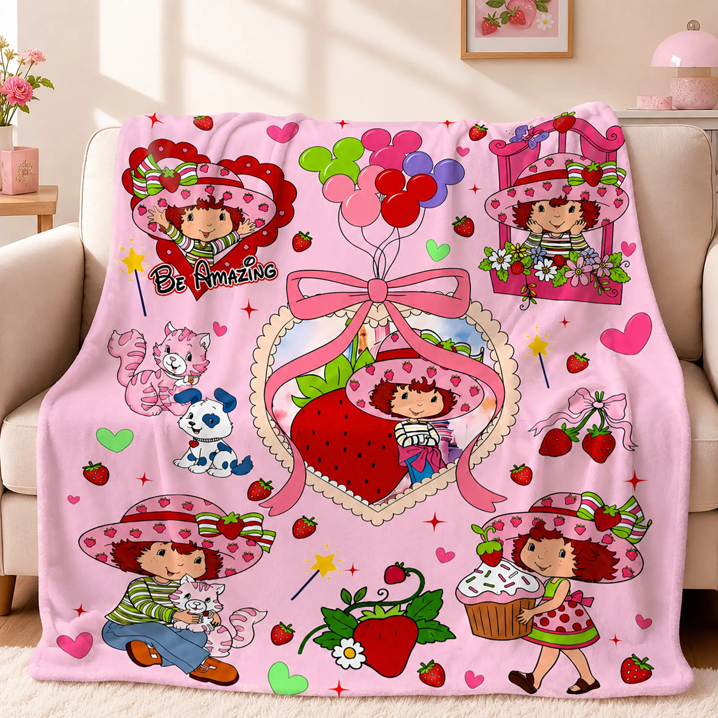 Strawberry Shortcake Throw Blanket Pink Strawberry and Bow Coquette Fannel Blanket for Home Gift for Strawberry Shortcake Fans Warm All Season Blanket Cute Blanket for Girls Birthday Christmas Gift for Kids and Teens Back to School Dorm Room Decor
