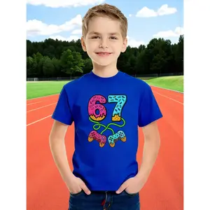 Boys' Number 67 Game Controller T-Shirt | Video Game Print Short Sleeve Top with 67 Number Design, Casual Round Neck Tee for Parties & Casual Attire, Machine Washable, Perfect for Children, Summer Season, Fashion Style.