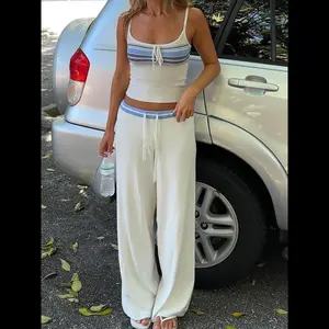 Women's Striped Print Crop Camis Top & Drawstring Waist Sweater Pants Set, Women's Knitwear for Daily Wear