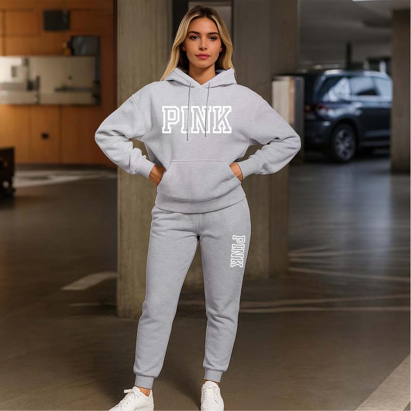 Women's Pink Print Hoodie And Drawstring Track Pants Set, Casual Sportswear, Long-Sleeved Hooded Jacket And Pants, Suitable For Autumn And Winter, Everyday Wear, Indoor And Outdoor Sportswear, Casual Sportswear.