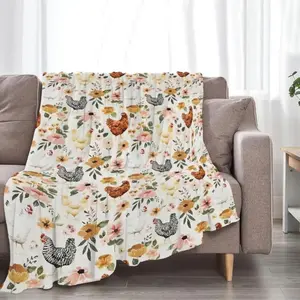 Warm Plush Lightweight Flannel Blanket - Soft, Comfortable Funny Chicken Floral Rooster Hen Printed Decor, USA-Made Farm Gift for Farmer Lovers, Ideal for Couch, Bedding