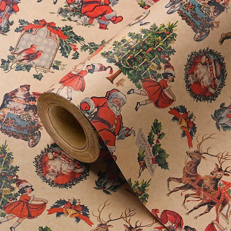 【Buy 2 Get 3 Free】WRAPAHOLIC Vintage Christmas Wrapping Paper Roll, Toile de Jouy Holiday Gift Wrap with Santa, Farmhouse, Horse & Retro Christmas Designs, Premium Paper for Family Gifts, Christmas Presents & Holiday Parties，17 in x 16.5 ft
