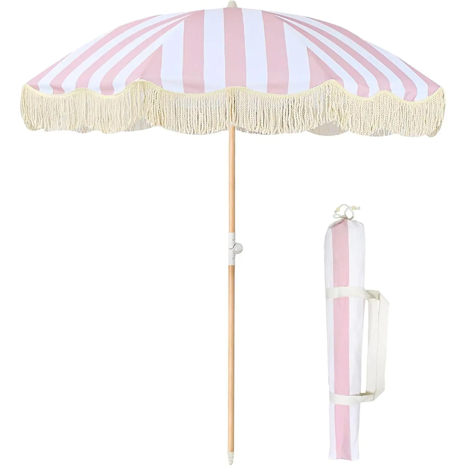 Boho Outdoor Umbrella with Tassels,6ft Table Umbrella Outdoor Patio with Knobs Tilt,Wind Resistant Portable Beach Umbrella UPF50+ Fringe Umbrellas For Pool Backyard Deck Garden