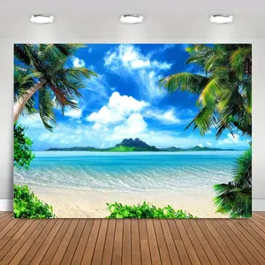 Tropical Beach Landscape Tapestry Wall Hanging - Bohemian Letter Print Peach Light Beige Fabric, Horizontal Serene Beach Scene with Palm Trees & Mountains, Aesthetic Boho Home Decor for Bedroom, Living Room, Dorm, Dorm Room Decoration, Vivid Color Print,