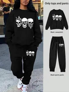 Women's Skull Print Sweatshirt Set, Long Sleeve Round Neck, Drawstring Pants, Casual Fitted, Winter Wear, Holiday Promotion
