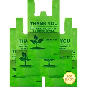 100 Count Biodegradable T-Shirt Bags, Compostable Thank You Grocery Bags,  Plastic Shopping Bags, 11.5 x 6.25 x 21 Inch, 16 Mic Heavy Duty Retail Carry Out Bags