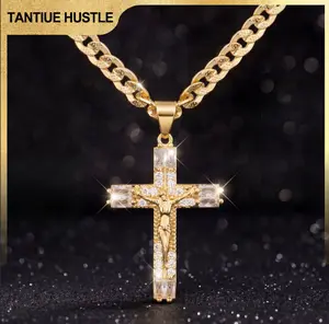 TANTIUE Cross Necklace Pendant with 14K Gold Cuban Chain, Stylish Men's Necklace Iced Out Hip Hop for Women Bling Rap Style Couple Jewelry