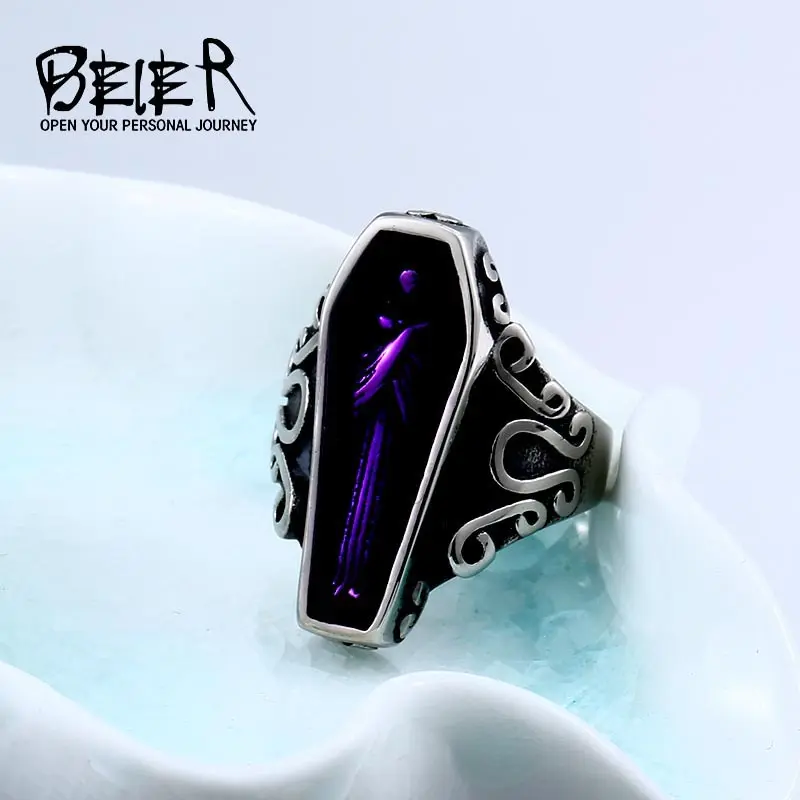 Beier Men's Vintage Embossed Vampire Coffin Ring - European and American Style, Titanium Steel Construction, Unique Costume Jewelry Ring, Vintage Embossed Ring, Unique Rings