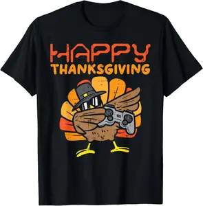 Happy Thanksgiving Dabbing Gamer Turkey Boys Girls Men T-Shirt Pure Cotton Graphic Tees Menswear Top: Gifts for Men & Women