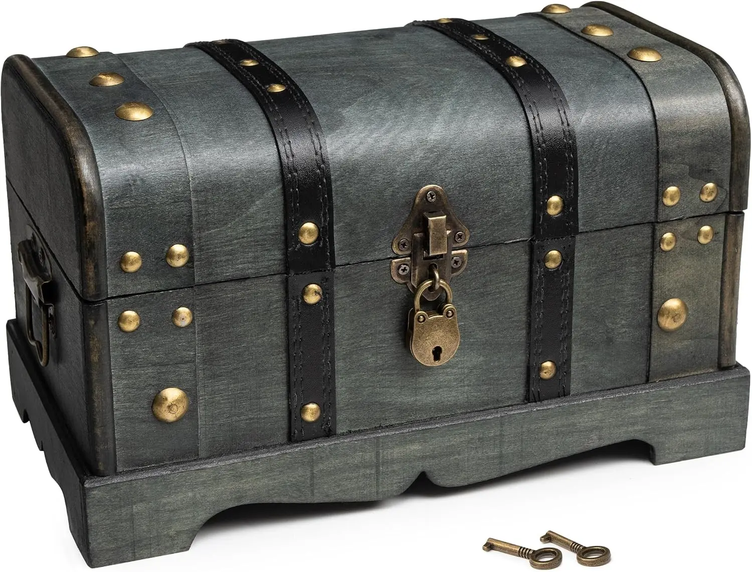 Wooden Treasure Chest Box with Tray, Lockable Keepsake Trunk, 11.8x7x7 in
