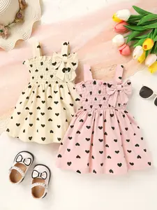 2pcs, Cute Baby Girls Clothes, Casual, Stylish, Comfortable, Bow Decoration, Heart Pattern, Parallel Crepe Seams, And Ruffled Hem Princess-style Dress With, Toddler Girls Clothes, Summer For Everyday Wear, Vacations, Photo Shoots, Outdoor Activities