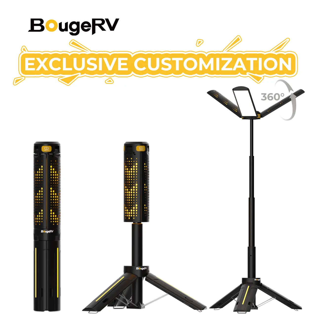 BougeRV 8000mAh Camping Light with Adjustable Stand 3.4 ft 1800 Lumen Cordless Work Light 3 Adjustable Heads Dimmable Emergency Flashlight Telescopic Tripod for Garage Outdoor Gift