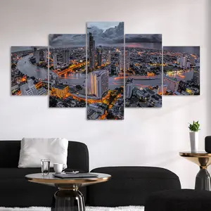 5 Counts Unframed Canvas Poster, Night Cityscape River View, Exquisite Poster, Perfect Living Room Decoration, Modern Art, Fashion Family Poster, Wall Art Decoration, High Definition, Waterproof, Artwork