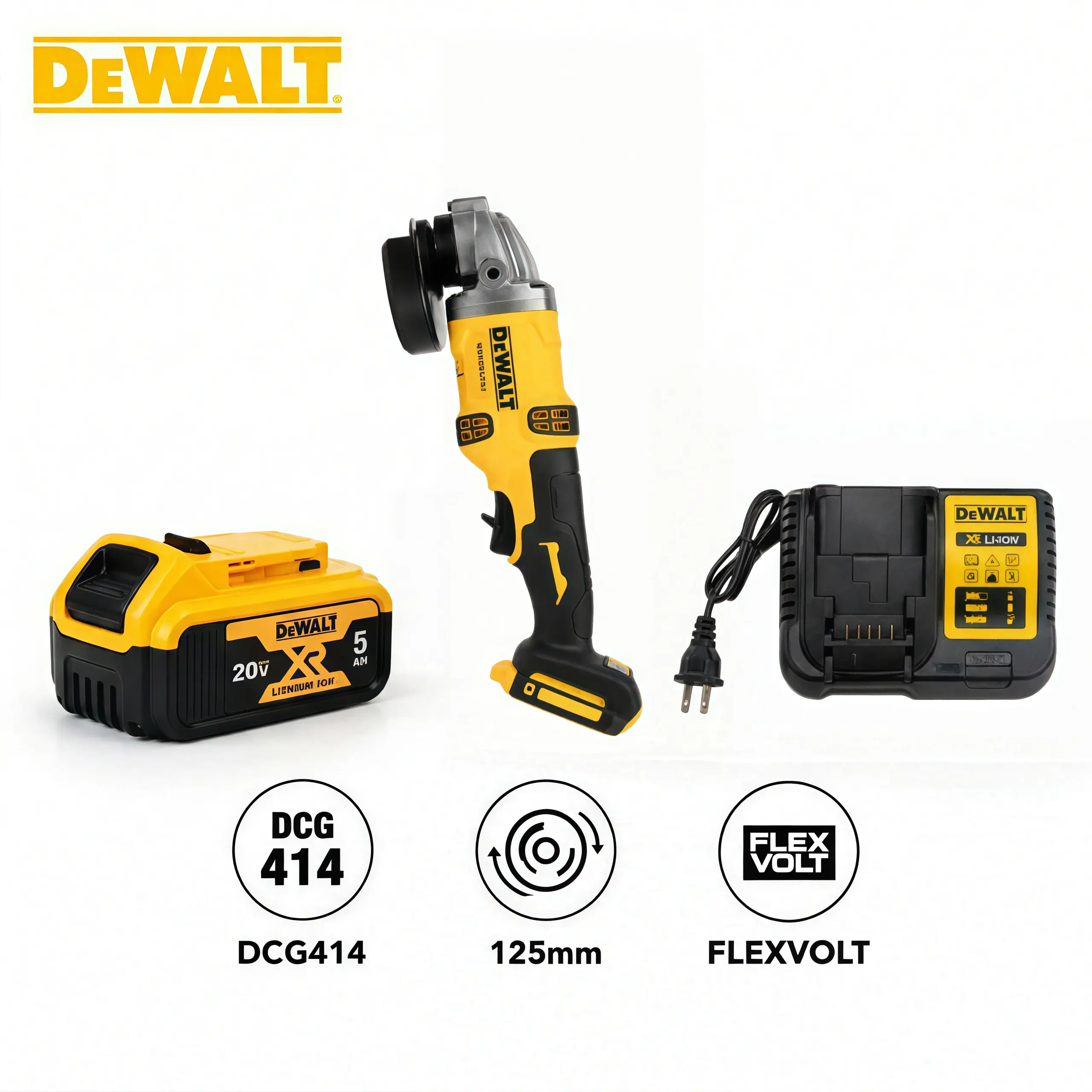 DEWALT DCG414 20V MAX FLEXVOLT Brushless Cordless 125mm Angle Grinder Tool Kit with 5.0Ah Battery for Heavy Duty Metal Cutting, Grinding and Polishing, Featuring Electronic Brake, E-Clutch, M14 Spindle and 9000 RPM Motor