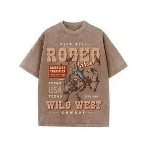 Cowboy's Competitive Competition, Cowboy's Joyful Time, Classic Retro Fashion Casual Cowboy Riding Competition Popular Letter Pattern Printed Washed Cotton T-Shirt, Men's Summer High-Quality Printed Washed Cotton Retro Fashion Brand Loose Casual T-Shirt