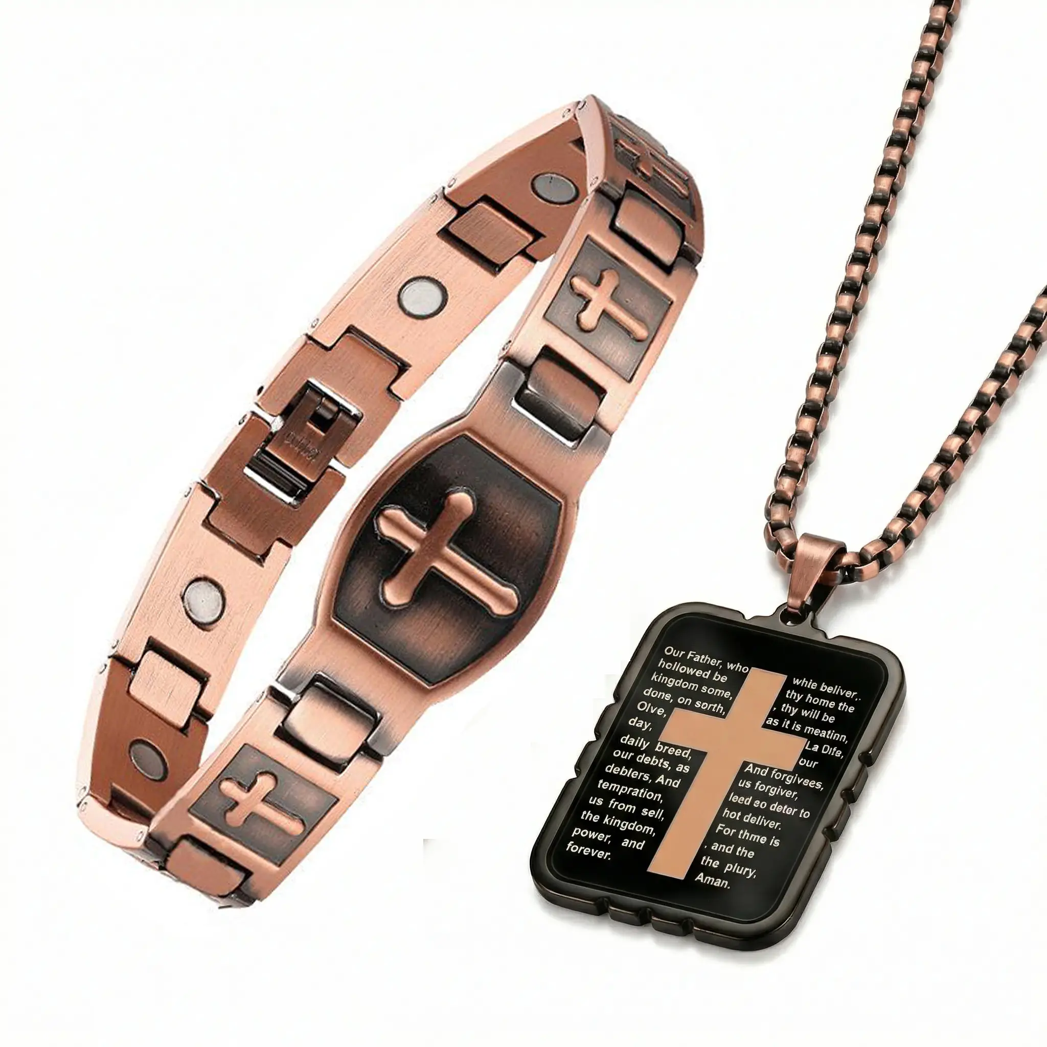 Copper Cross Bible Bracelet & Necklace Set for Men Ultra Strength Magnetic 3500 Gauss Pure Copper Hypoallergenic Adjustable Stack Bangle Perfect Wellness Jewelry Gift for Relieving Joint Pain