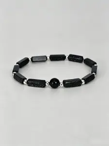 Stackable Crystal Bracelet, Elastic Blue Sandstone & Obsidian Bead Bracelet, Unisex Everyday Jewelry