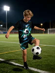 Cool Football Print Neon Light Dynamic Tech Short Sleeve T-Shirt and Shorts Set, Street Style Summer Casual for Parties