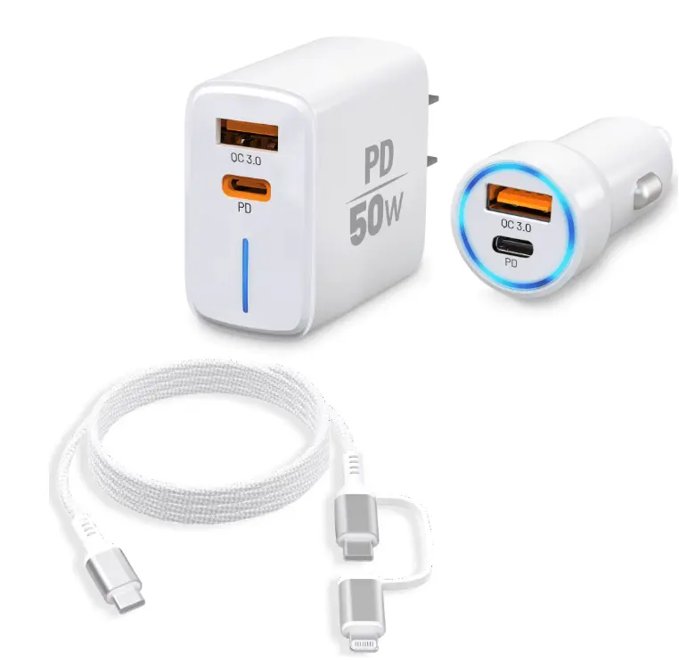 3-Piece Fast Charging Pack PD 50W Dual USB-A & Type-C Wall + Car Charger Combo with 4 ft Type-C Cable