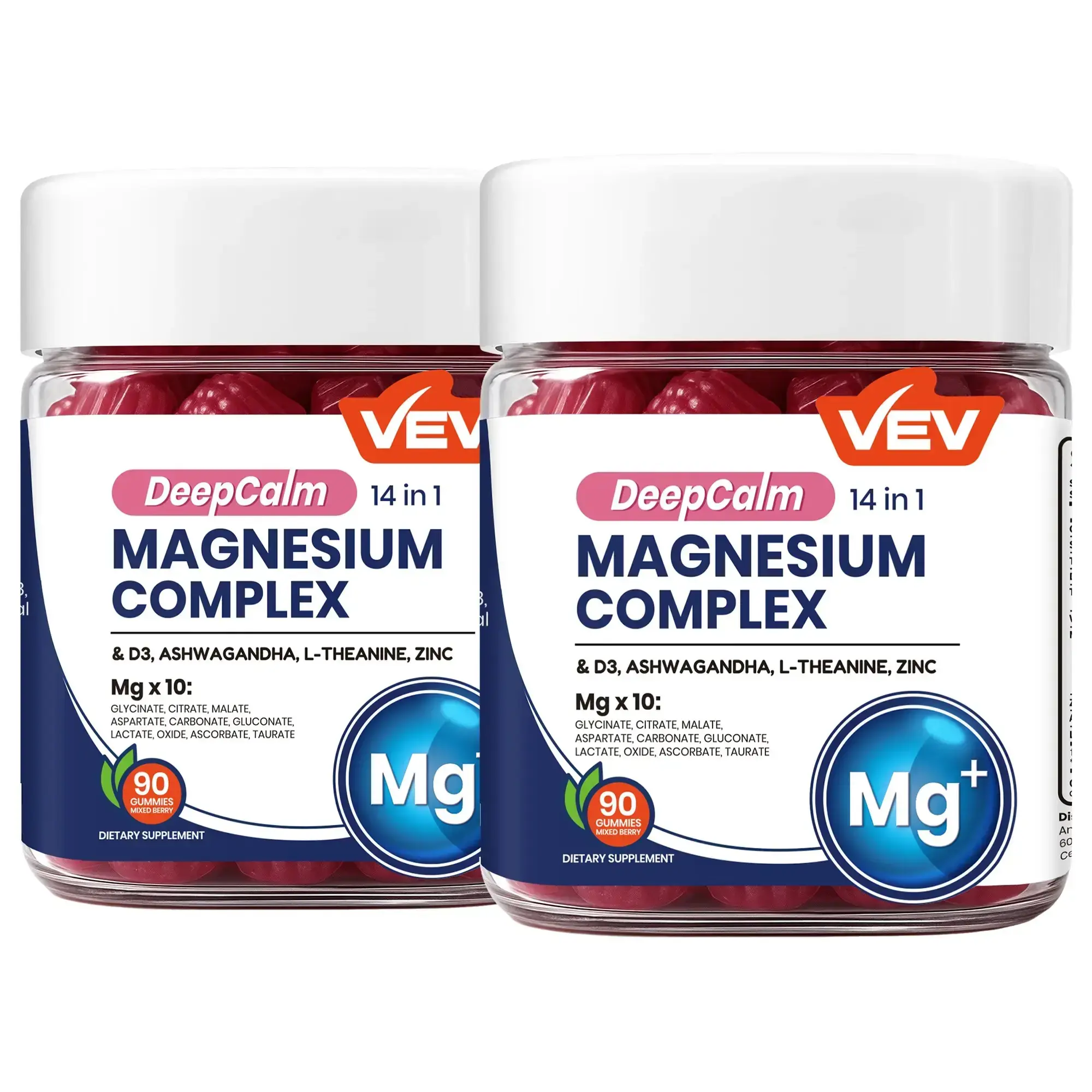 VEV DeepCalm 14-in-1 Magnesium Gummies Complex - Magnesium Glycinate, D3, Ashwagandha, L-theanine, Zinc - 90 Count, Vegan, No Sugar, Anxiety Relief, Calm & Sleep Support, Emotional Regulation Blended Vitamins & Minerals Supplements, Anxiety Relief Blende