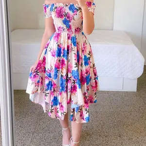 Dress one-word shoulder irregular off-the-shoulder digital printing medium and long dress Summer Casual