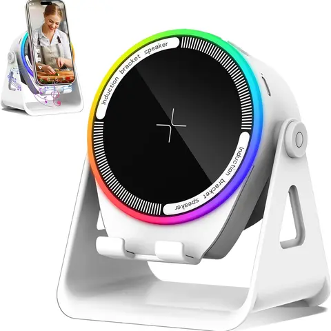 Wireless Induction LED Bluetooth Audio Speaker - 4-in-1 Compact Aesthetic Tech Device, 50 Hz Amplifier, RGB LED Light, Adjustable Smartphone Holder, Button Control, Phone/Tablet Stand, iPhone-Compatible, Ideal Birthday Gift for Teens, Cooking Companion