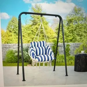 Hammock Swing Chair, Macrame Hanging Chair with Large Cushion, Chain, Steel Frame for Indoor Outdoor Use, Blue and White
