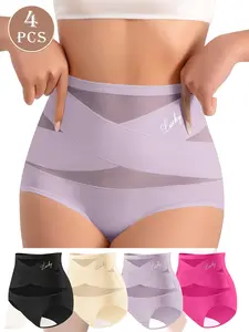4-Pack Plus Size Cross Waist Ice Silk Seamless Triangle Panties, Women Slim Shapewear High-Waist Butt Lifter, Breathable Mesh Underwear for All Seasons