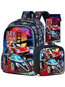 3PCS Boys Racing Car Backpack, Kids Bookbag with Lunch Box, School Bag for Elementary Preschool Toddler