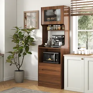 Walnut Freestanding Kitchen Pantry Storage Cabinet, Multi-layer Hutch Buffet Sideboard with Drawers, Microwave Stand Coffee Bar Cabinet for Home Kitchen