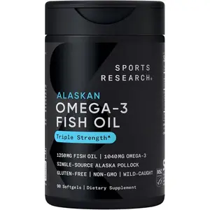 Sports Research Omega-3 Fish Oil 1250 - Triple Strength Fish Oil Supplement from Wild Alaska Pollock - MSC Certified Sustainable · Non-GMO · Soy Free - 90 Softgel Capsules