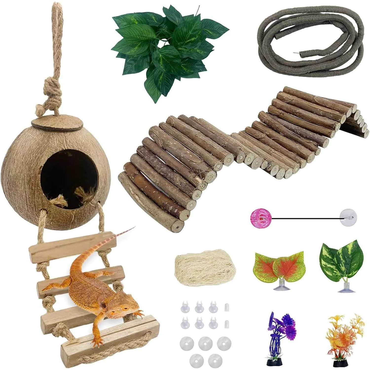 10-Count Modern Synthetic Reptile Vines with Coconut Shell Ladder, Hideout Hut & Caves - Leopard Gecko Tank Accessories for Bearded Dragons, Tree Frogs