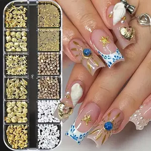 12 Grid 3D Ocean Rivet Nail Art Decorations, Mixed Sea Horse Starfish Conch Pearl Mini Fish Caviar Beads Rhinestones